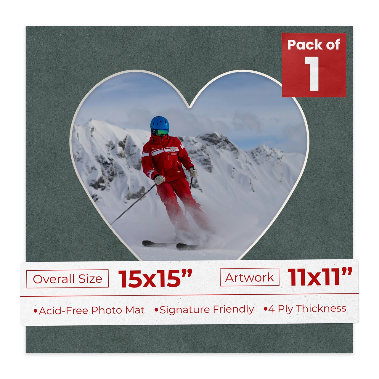 Dark Grey Suede Mat Board for 15x15 Frames - Heart Opening for 11x11 Photos